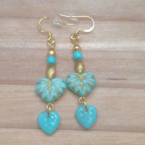 Czech Glass Leaf Earrings Artisan Made Dangle Gold Blue Beaded Accents NEW - Picture 5 of 8